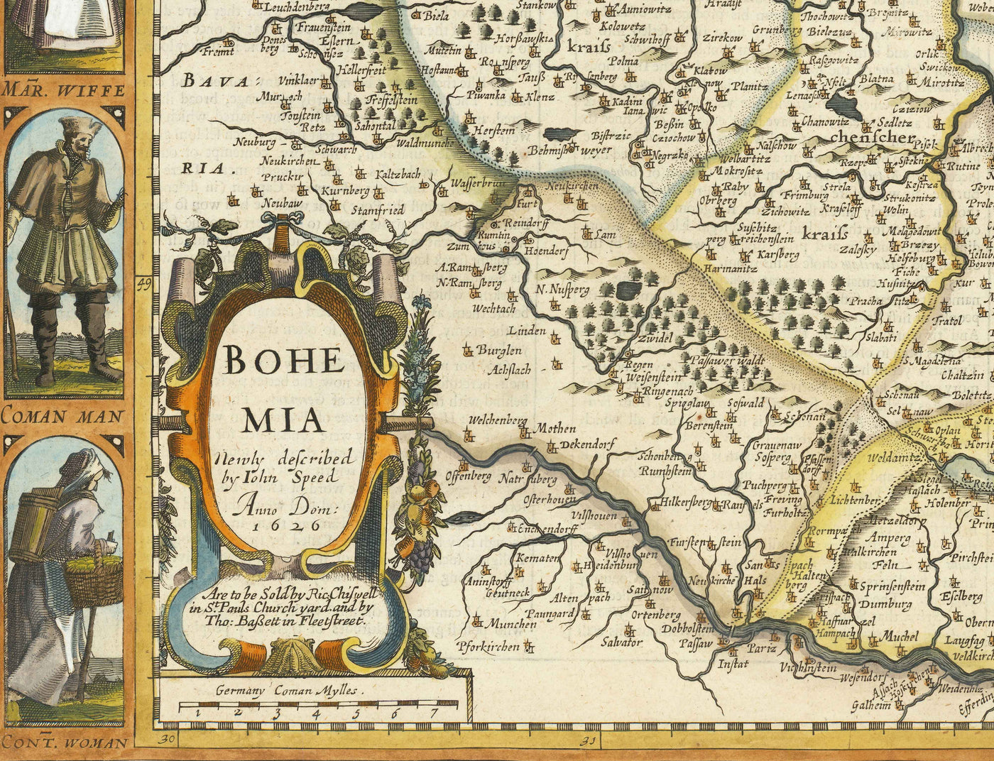 Ancienne carte de la Bohême en 1626 par John Speed - Tchéquie, Prague, Bavière, Moravie, Europe centrale