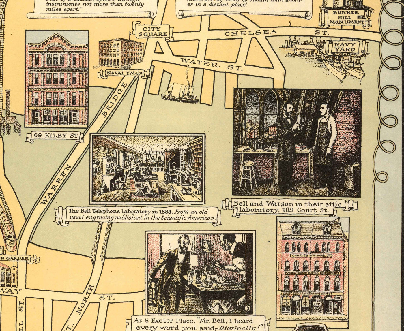 Antiguo mapa pictórico de Boston, 1947 Ernest Dudley Chase - Nacimiento del teléfono, Graham Bell, Beacon Hill, Centro de la ciudad