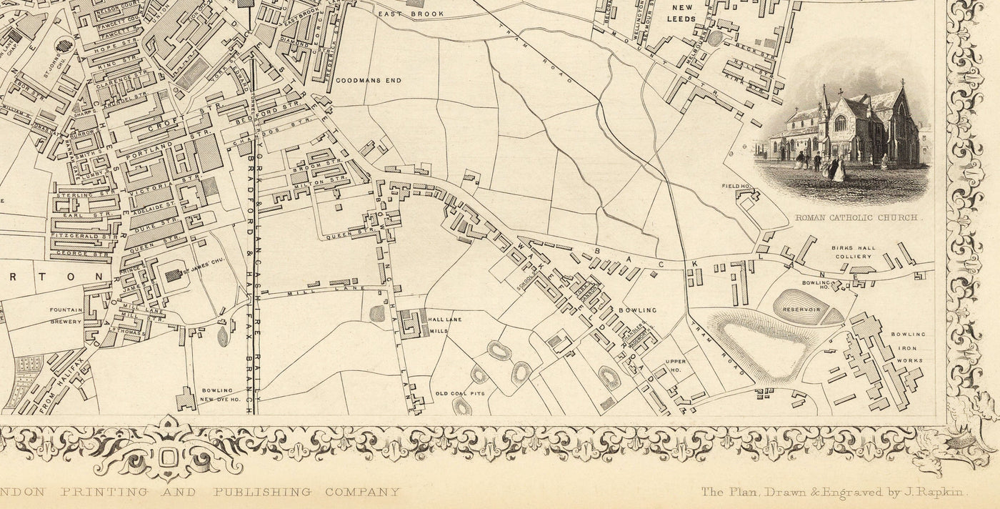 Antiguo mapa de Bradford en 1851 por Tallis & Rapkin