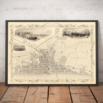 Alte Karte von Brighton im Jahr 1851 von J. & F. Tallis - Lanes, Pier, Parade, Old Steine, Kemptown, East Sussex 
