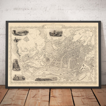 Mappa antica di Bristol nel 1851 di Tallis & Rapkin - Clifton, Temple Meads, Castle, Redcliffe 