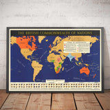 Mappa del Mondo del Vecchio Commonwealth Britannico delle Nazioni, 1942 - Impero Britannico, Regno Unito, Canada, Australia, Dominioni, India, Africa 