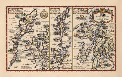 Ancienne carte de voiture des îles écossaises - extérieur, hébravures intérieures, shetland, orkney, skye