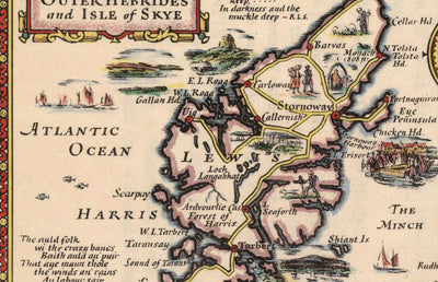 Ancienne carte de voiture des îles écossaises - extérieur, hébravures intérieures, shetland, orkney, skye