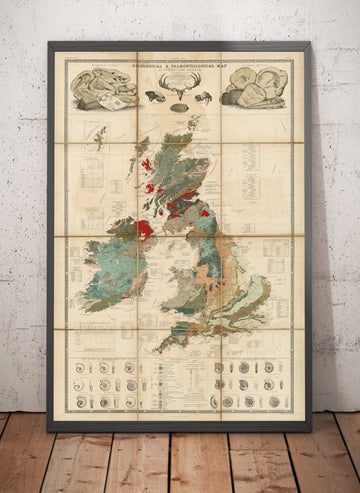 Mapa antiguo de geología y fósiles de las Islas Británicas, 1854, por A.K. Johnston y Edward Forbes - Reino Unido, Escocia, Irlanda, Paleontología