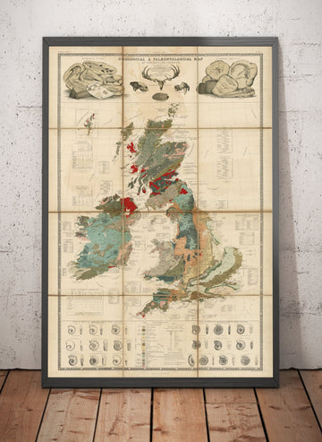 Mappa della geologia e dei fossili delle Isole Britanniche, 1854, di A.K. Johnston ed Edward Forbes - Regno Unito, Scozia, Irlanda, Paleontologia 