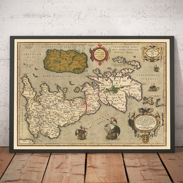 Antica mappa delle Isole Britanniche di Abraham Ortelius, 1595 - Inghilterra, Irlanda, Galles, Scozia - Britannia, Hibernia 