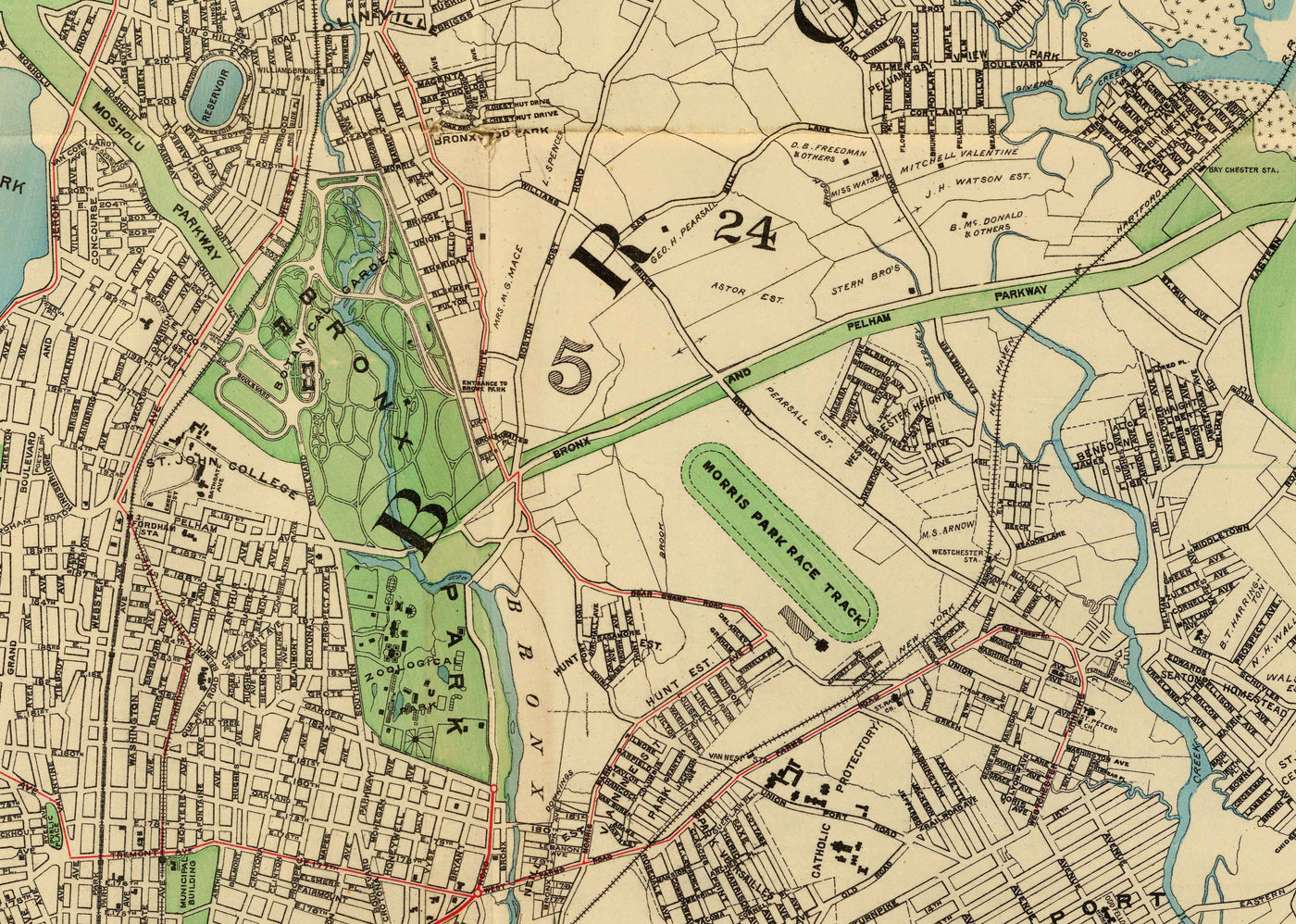 Ancienne carte du Bronx en 1900 par Hyde and Co - New York City, Pelham Bay Park, Hunter Island, Botanical Garden, Harlem River