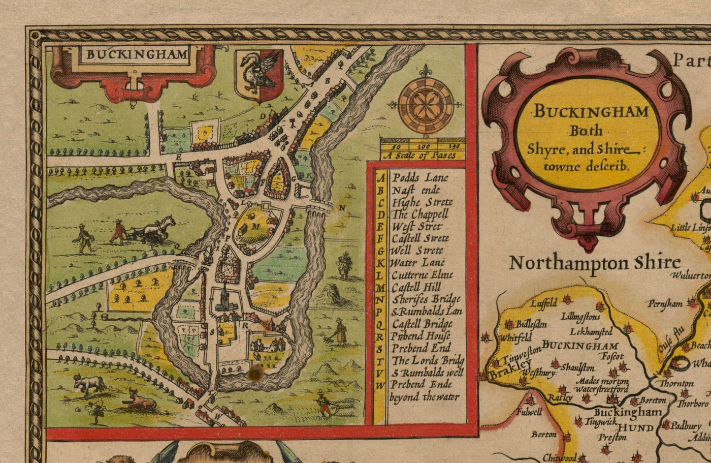 Ancienne carte du Buckinghamshire en 1611 par John Speed - High Wycombe, Amersham, Buckingham, Milton Keynes, Aylesbury, Newport Pagnell