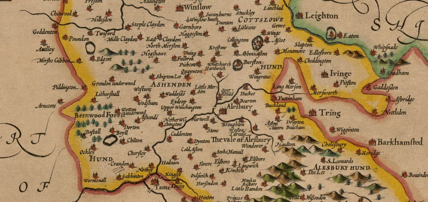 Ancienne carte du Buckinghamshire en 1611 par John Speed - High Wycombe, Amersham, Buckingham, Milton Keynes, Aylesbury, Newport Pagnell