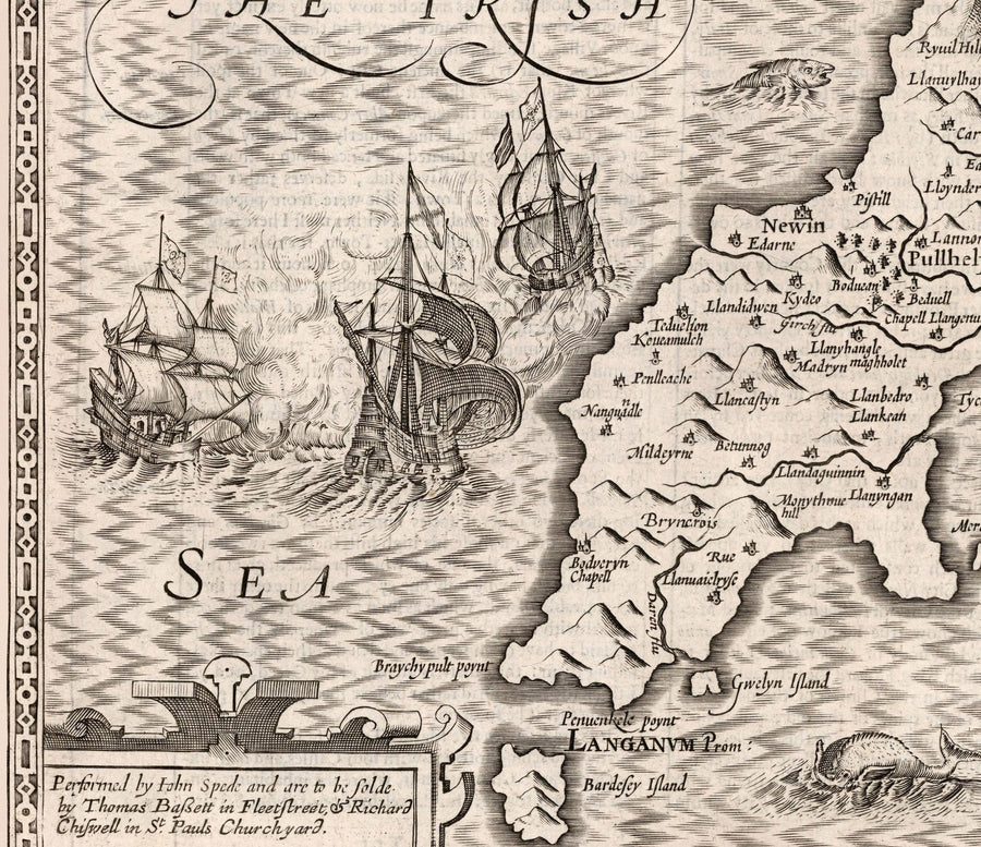 Vecchia mappa monocromatica di Caernarfonshire, Galles, 1611 di John Speed - Caernarfon, Snowdon, Gwynedd, Bangor, Conwy, Llandudno 