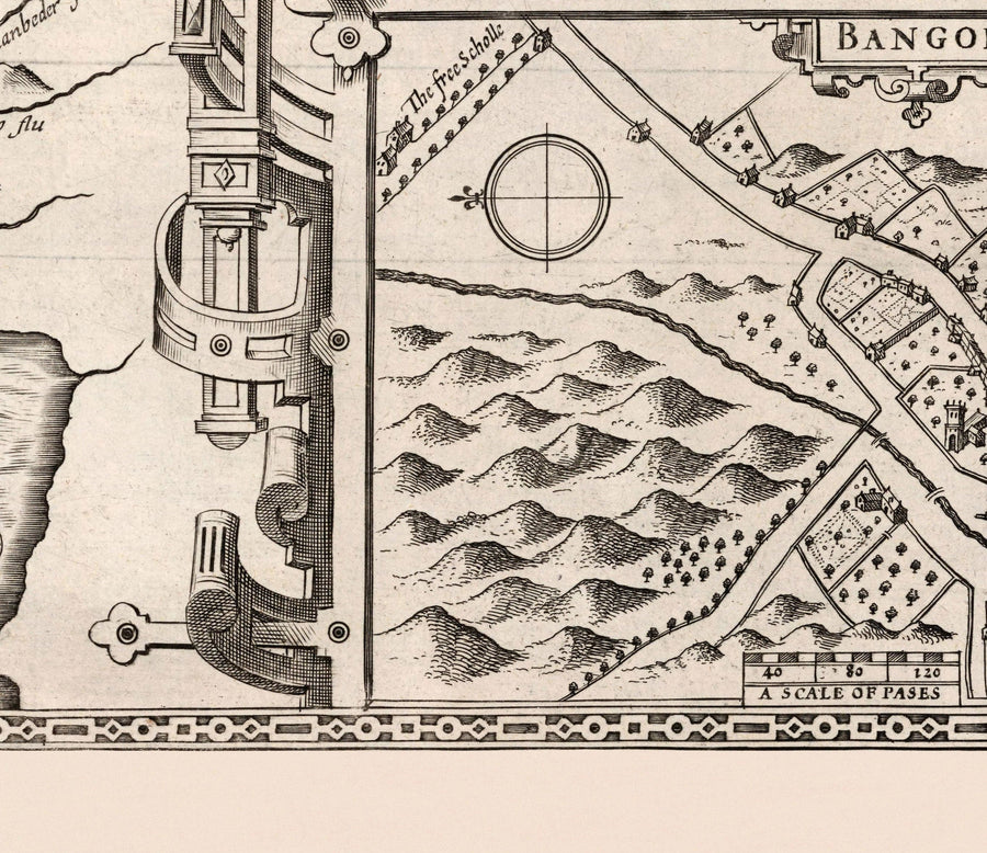 Vecchia mappa monocromatica di Caernarfonshire, Galles, 1611 di John Speed - Caernarfon, Snowdon, Gwynedd, Bangor, Conwy, Llandudno 