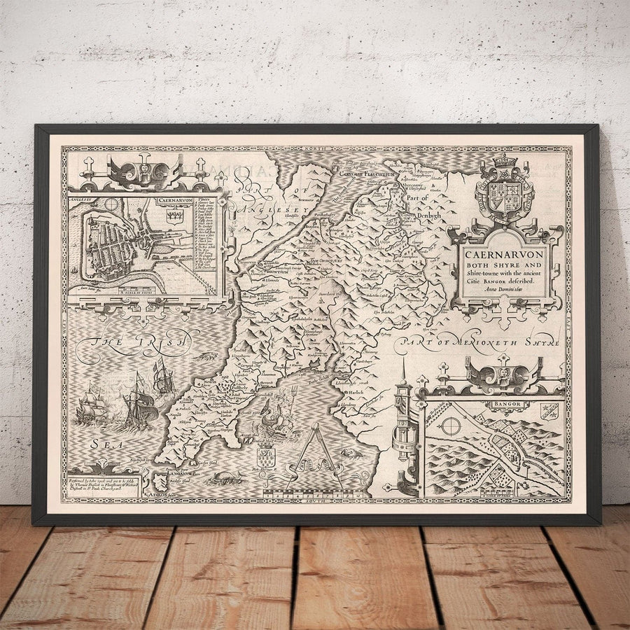 Vecchia mappa monocromatica di Caernarfonshire, Galles, 1611 di John Speed - Caernarfon, Snowdon, Gwynedd, Bangor, Conwy, Llandudno 