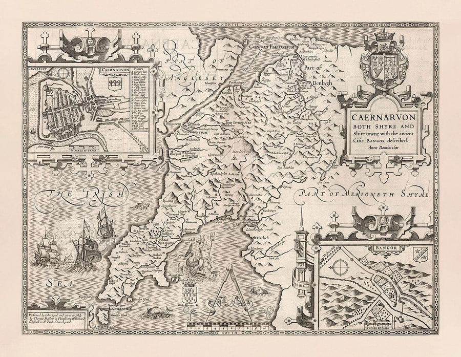 Vecchia mappa monocromatica di Caernarfonshire, Galles, 1611 di John Speed - Caernarfon, Snowdon, Gwynedd, Bangor, Conwy, Llandudno 