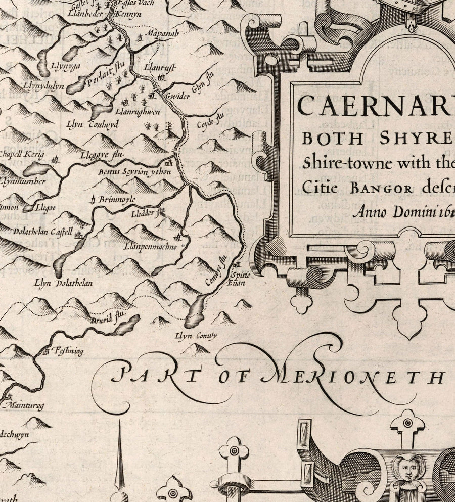 Vecchia mappa monocromatica di Caernarfonshire, Galles, 1611 di John Speed - Caernarfon, Snowdon, Gwynedd, Bangor, Conwy, Llandudno 