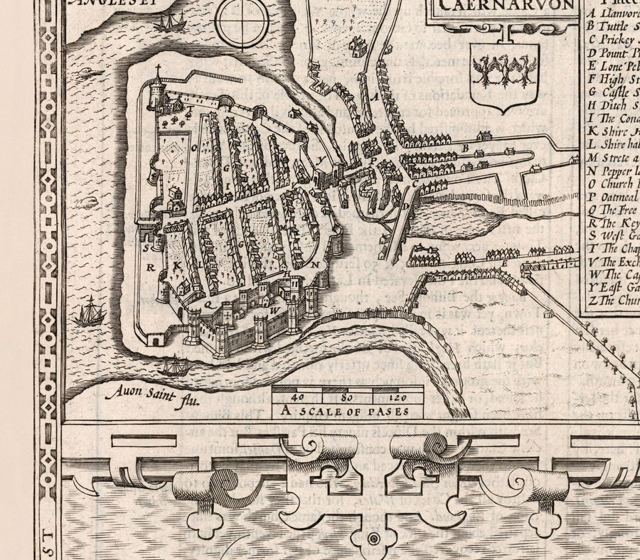 Vecchia mappa monocromatica di Caernarfonshire, Galles, 1611 di John Speed - Caernarfon, Snowdon, Gwynedd, Bangor, Conwy, Llandudno 