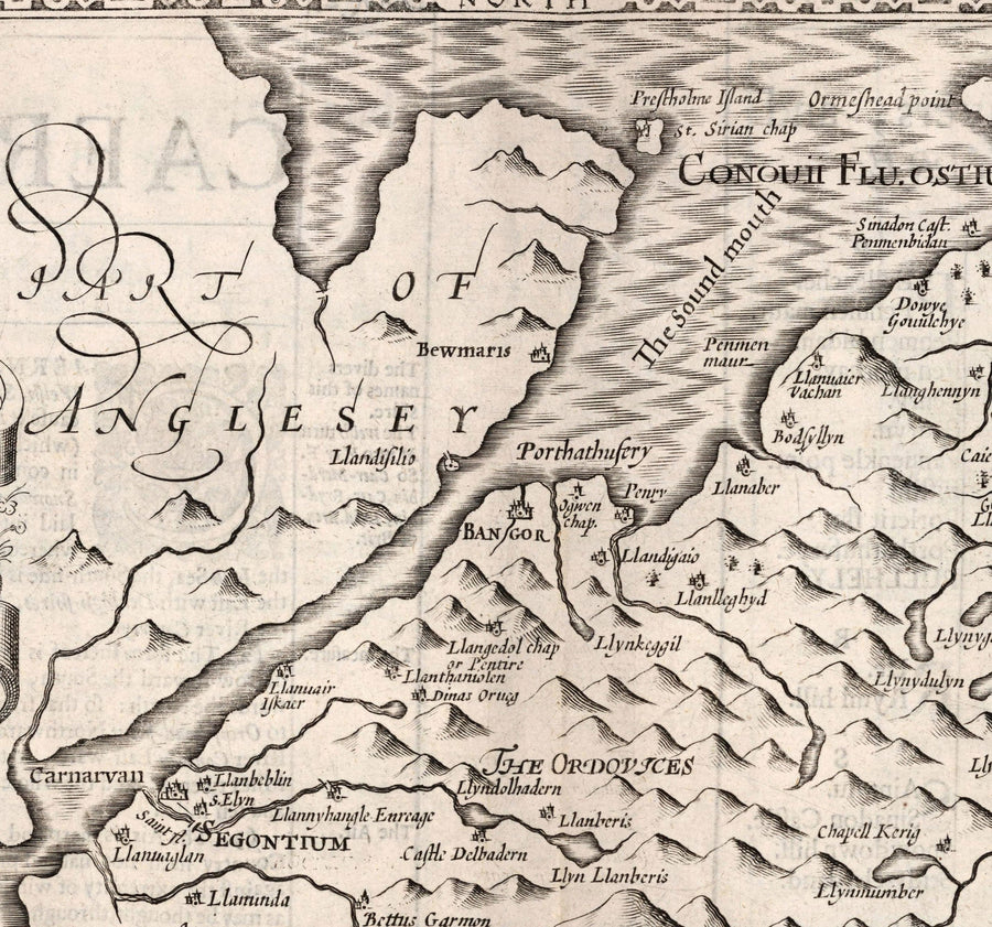 Vecchia mappa monocromatica di Caernarfonshire, Galles, 1611 di John Speed - Caernarfon, Snowdon, Gwynedd, Bangor, Conwy, Llandudno 