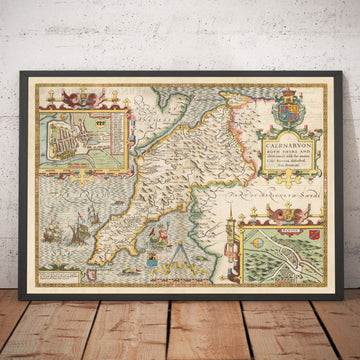 Mappa Antica di Caernarfonshire Wales, 1611 di John Speed - Caernarfon, Snowdon, Gwynedd, Bangor, Conwy, Llandudno 