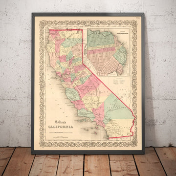 Mappa antica della California 1860, Colton - San Francisco, Los Angeles, San Diego, Santa Clara, Fresno, San Jose 