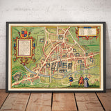 Old Colour Map of Cambridge and University Colleges, 1575 by Georg Braun - Trinity, Kings, Queens, Clare, Peterhouse, Christ's, Caius