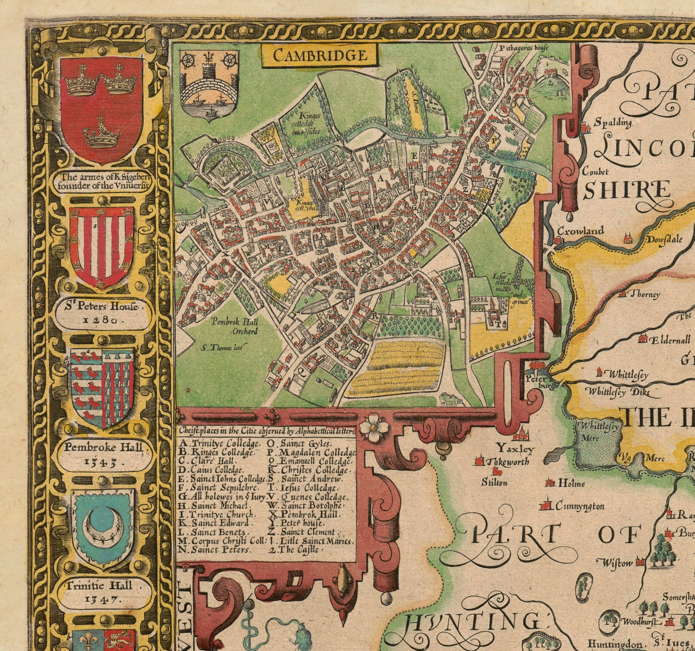 Ancienne carte de CambridgeShire, 1611 par John Speed ​​- Cambridge, Peterborough, Wisbech, St Neots