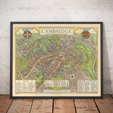 Ancienne carte de Cambridge, 1929 - Trinité, St John's, King's, Peterhouse, Jésus - Université et collèges