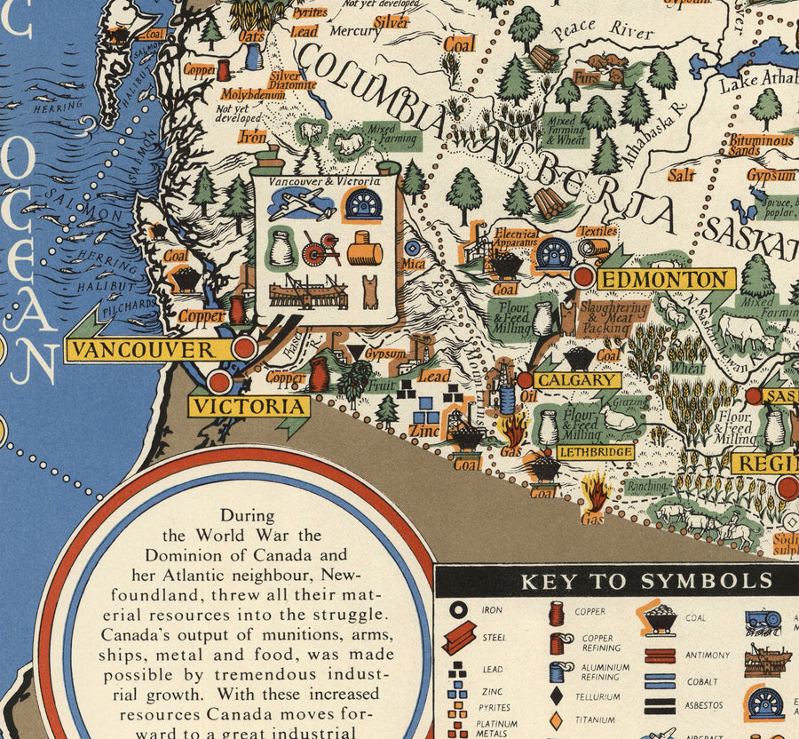 Alte Karte von Kanada, 1942 von Max Gill - Zweiter Weltkrieg Karte der natürlichen und industriellen Ressourcen 