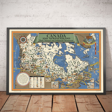 Vecchia mappa del Canada, 1942 di Max Gill - Mappa della Seconda Guerra Mondiale delle risorse naturali e industriali 
