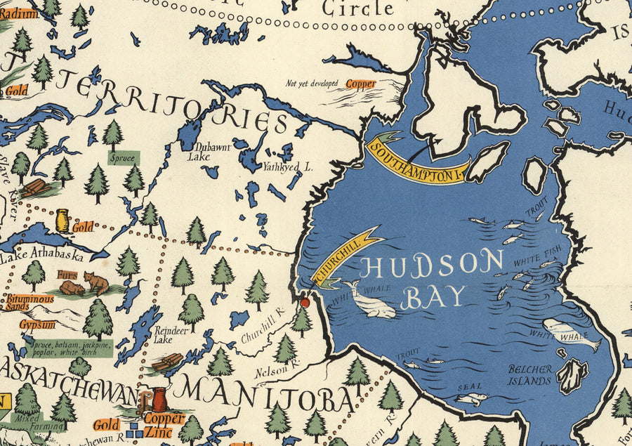 Alte Karte von Kanada, 1942 von Max Gill - Zweiter Weltkrieg Karte der natürlichen und industriellen Ressourcen 