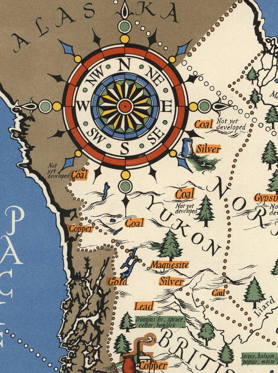 Alte Karte von Kanada, 1942 von Max Gill - Zweiter Weltkrieg Karte der natürlichen und industriellen Ressourcen 