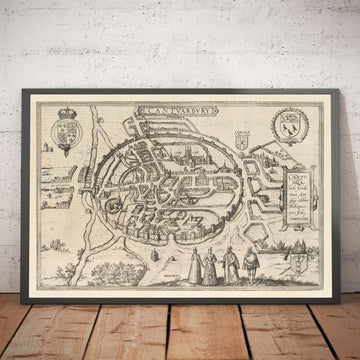 Mappa antica di Canterbury 1588 di Georg Braun - Castello, Cattedrale, Chiesa, Mura della città 