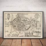 Old Map of Canterbury 1588 by Georg Braun - Castle, Cathedral, Church, City Walls