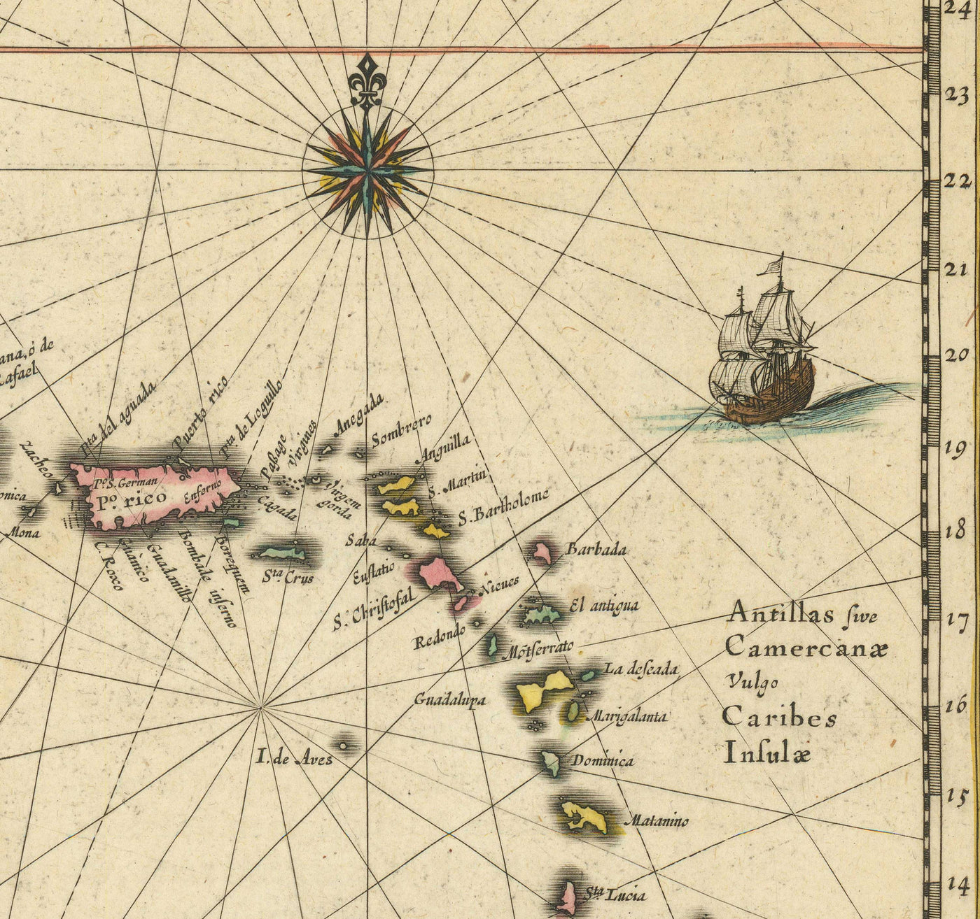Old Map of the Caribbean in 1640 by Willem Blaeu - Cuba, Jamaica, Dominican Republic, Puerto Rico, The Bahamas
