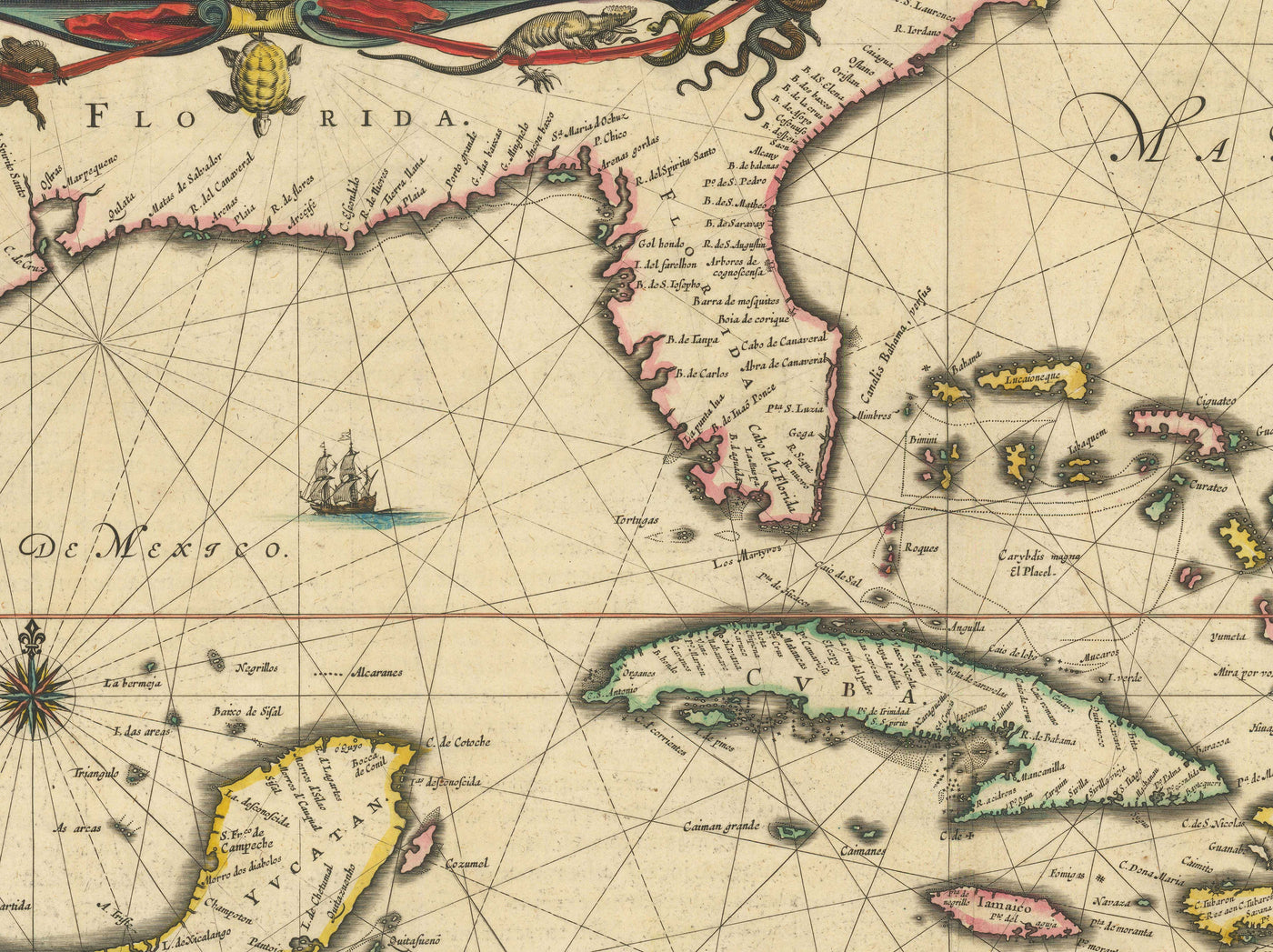 Alte Karte der Karibik im Jahre 1640 von Willem Blaeu - Kuba, Jamaika, Dominikanische Republik, Puerto Rico, Bahamas