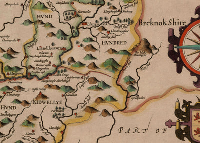 Ancienne carte de Carmarthenshire Galles, 1611 par John Speed ​​- Carmarthen, Llanelli, Llandovery