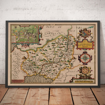 Mappa antica del Carmarthenshire in Galles, 1611 di John Speed - Carmarthen, Llanelli, Llandovery 