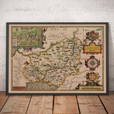 Ancienne carte de Carmarthenshire Galles, 1611 par John Speed ​​- Carmarthen, Llanelli, Llandovery