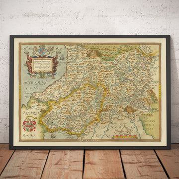 Erste alte Karte von Mittelwales im Jahr 1578 von Christopher Saxton - Powys, Ceredigion, Carmarthenshire, Aberystwyth, Cardigan 
