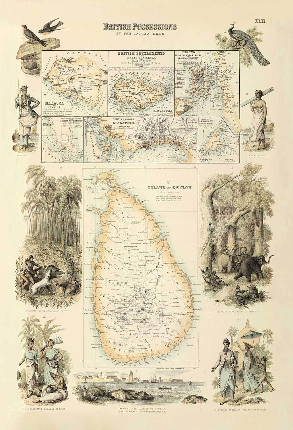 Ancienne carte des possessions britanniques dans l'océan Indien, 1872 par Fullarton - Malaisie, Penang, Singapour, Sri Lanka, Malacca
