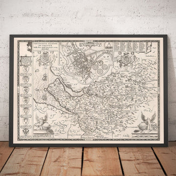 Vecchia mappa monocromatica del Cheshire nel 1611 - Chester, Warrington, Crewe, Runcorn, Liverpool, Wirral, Merseyside 