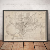 Viejo mapa de Chester, 1833 de John Wood - Catedral, Castillo, Curso de carreras, paredes, Río Dee, Tabla del Plan del Centro de Ciudad