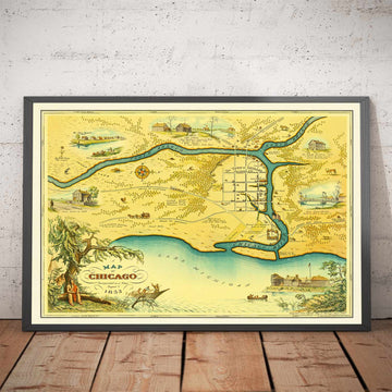Old Map of Chicago, 1833 by Stelzer & Conley - 350 Pop. Town - Lake Michigan, Downtown, Chicago River