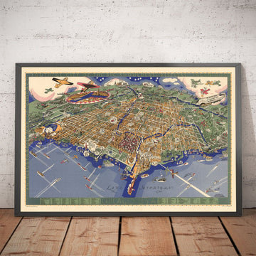 Ancienne Carte de Chicago, 1931 - Birdseye Carte du centre-ville, Grant Park, Central, Magnifique Mile, Lac Michigan, banlieue