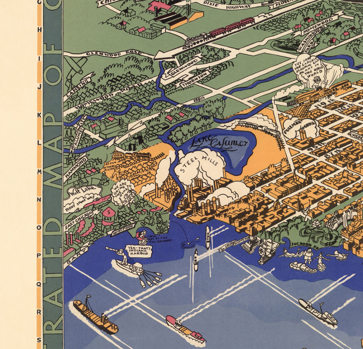Ancienne Carte de Chicago, 1931 - Birdseye Carte du centre-ville, Grant Park, Central, Magnifique Mile, Lac Michigan, banlieue