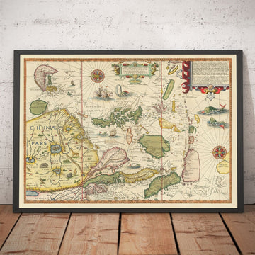 Mappa antica del sud-est asiatico, 1596 - Cina, Corea, Giappone, Filippine, Singapore, Malesia, Indonesia, Indie orientali 