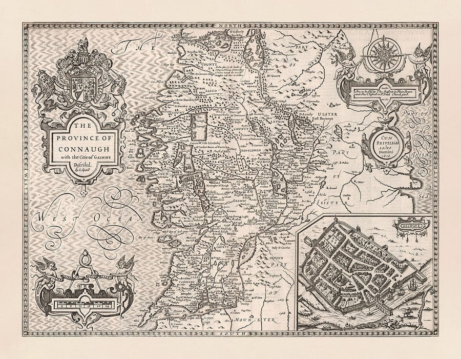Alter monochromer Plan von Connacht, Irland 1611 von John Speed - Galway, Sligo, Mayo, Leitrim, Clare 