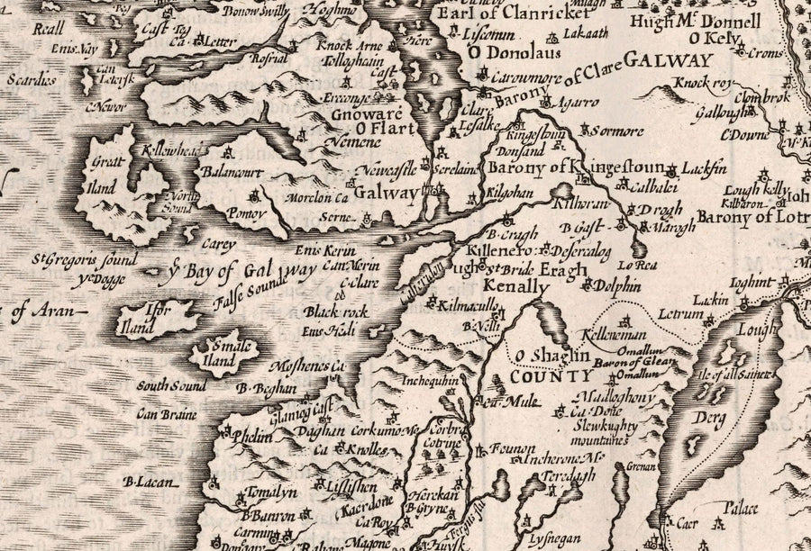Alter monochromer Plan von Connacht, Irland 1611 von John Speed - Galway, Sligo, Mayo, Leitrim, Clare 