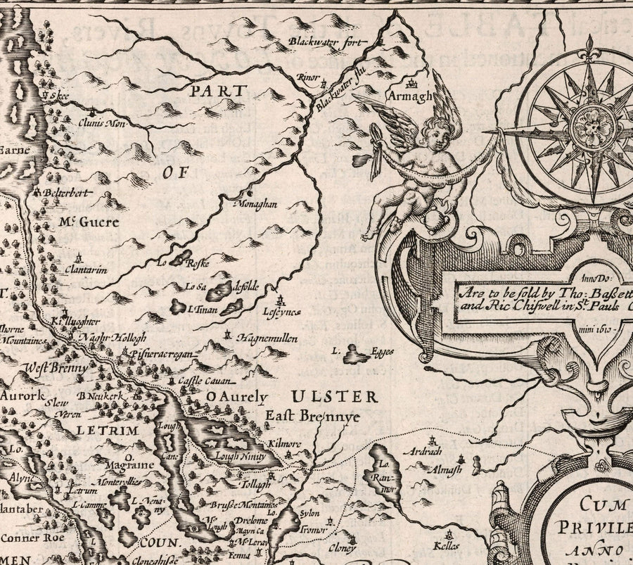 Alter monochromer Plan von Connacht, Irland 1611 von John Speed - Galway, Sligo, Mayo, Leitrim, Clare 