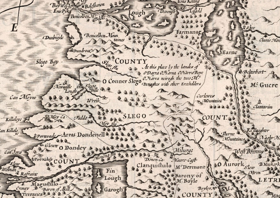 Alter monochromer Plan von Connacht, Irland 1611 von John Speed - Galway, Sligo, Mayo, Leitrim, Clare 