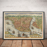Ancienne carte d'Istanbul, Constantinople en 1572 par Georg Braun - Byzantium, Bosphore, Corne d'or, Palais Topkapi